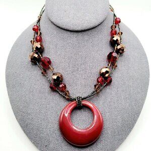 Lia Sophia Collar Necklace Double Strand Red Glass Pendant Faceted Glass Beads